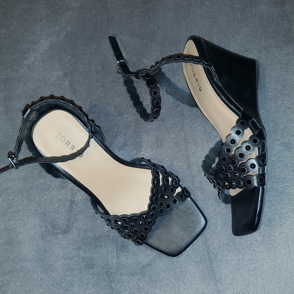 Torrid Embellished Black Strappy Wedge Heel Sandals - Picture 6 of 6